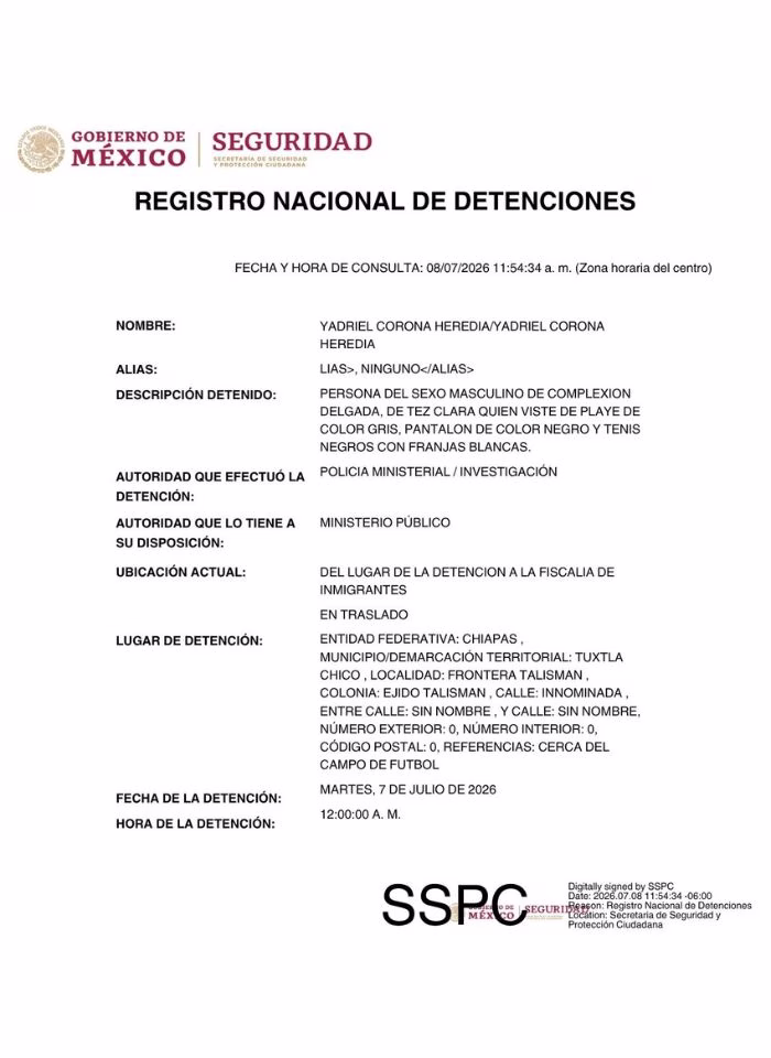 Registro Nacional de Detenciones del presunto responsable del feminicidio en Cancún capturado en Chiapas.