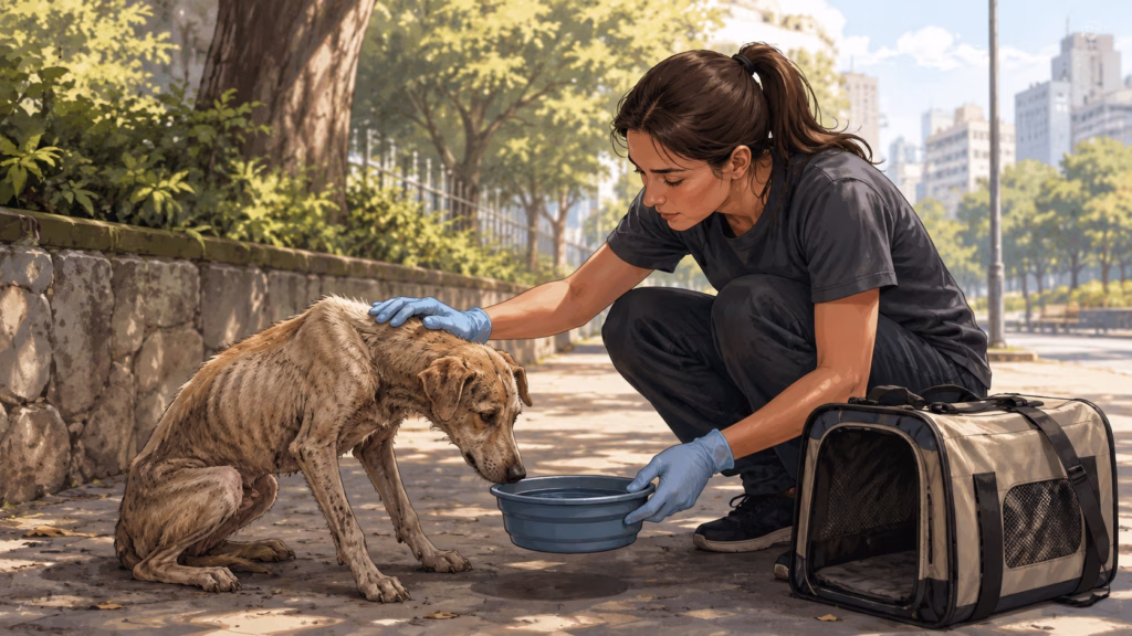 Simulación de una mujer que auxilia a un perro afectado por maltrato o abandono animal en Tulum.