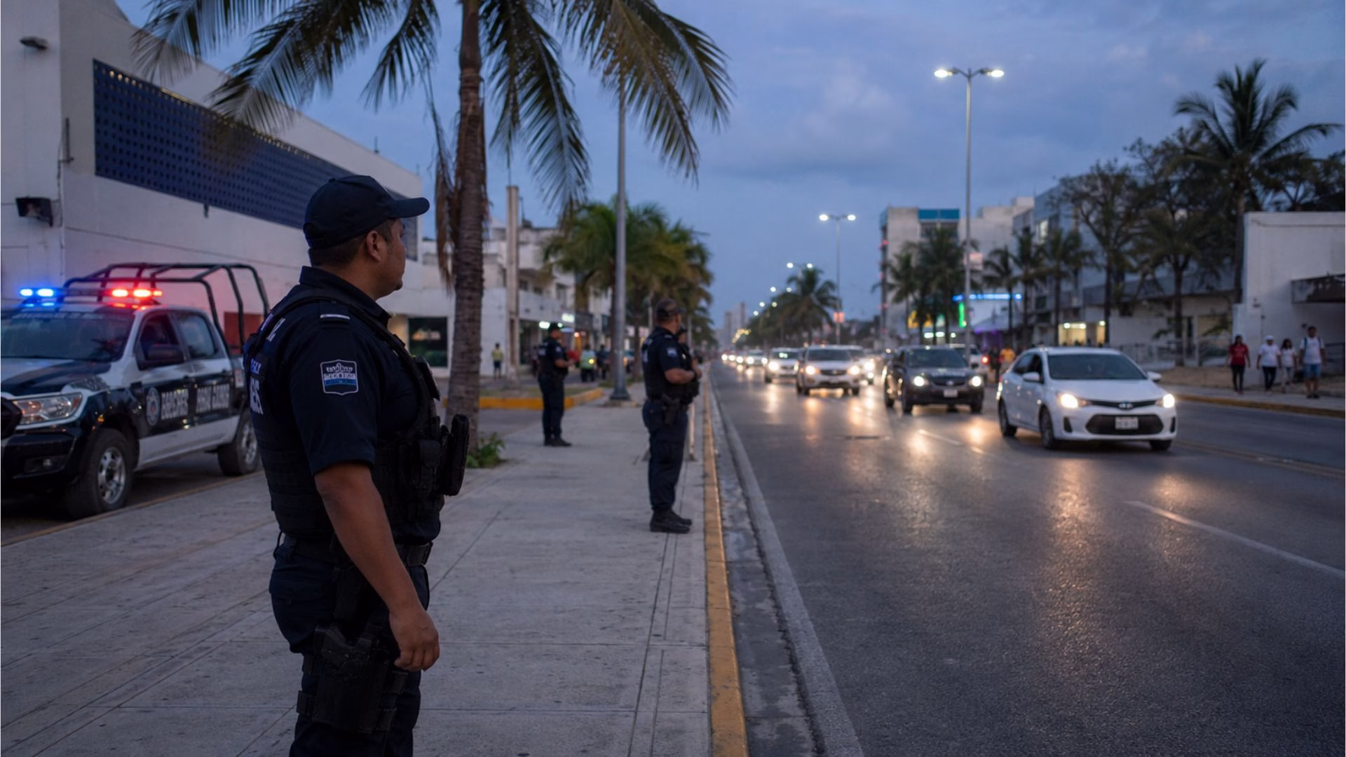 Elementos de seguridad vigilan una avenida de Quintana Roo durante un operativo preventivo, con una patrulla y tránsito vehicular.
