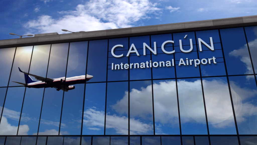 Fachada del Aeropuerto Internacional de Cancún, donde el tráfico de pasajeros internacionales disminuyó durante junio de 2026.