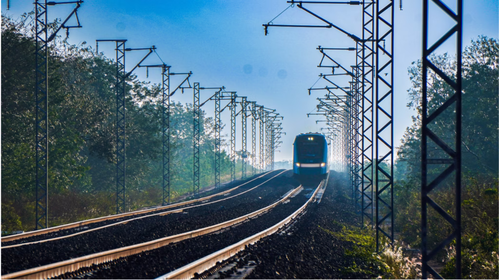 Unidad de pasajeros del Tren Maya sobre la infraestructura ferroviaria que recorre el sureste de México.
