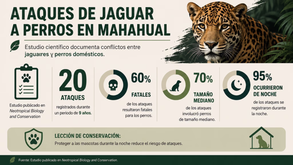 Infografía con datos de 20 ataques de jaguares a perros documentados durante nueve años en Mahahual, Quintana Roo.