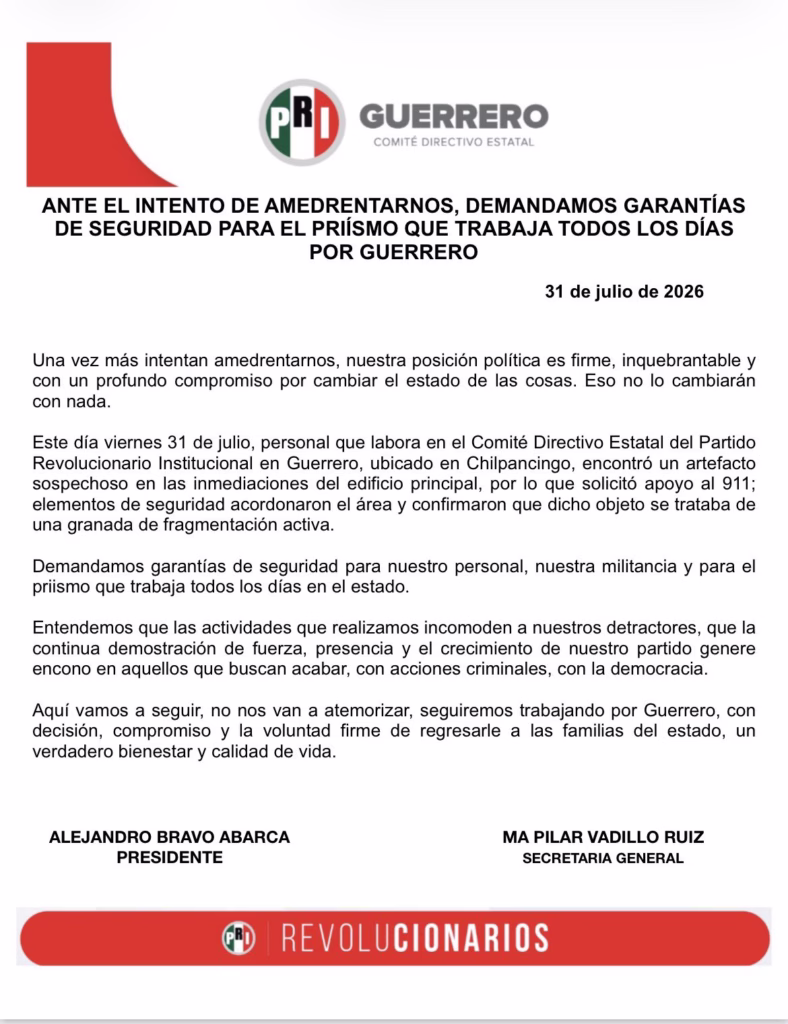 Comunicado del PRI sobre el hallazgo de un artefacto explosivo en sus oficinas de Chilpancingo.