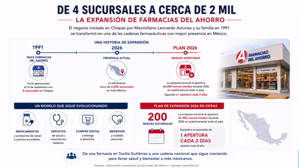 Infografía sobre el crecimiento de Farmacias del Ahorro, de cuatro sucursales en 1991 a cerca de 2 mil unidades en 2026.