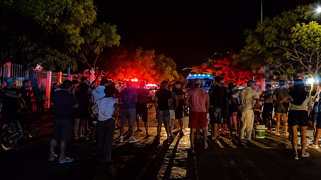 Decenas de personas permanecen reunidas en la vía pública mientras unidades de emergencia mantienen sus luces encendidas durante un operativo nocturno.