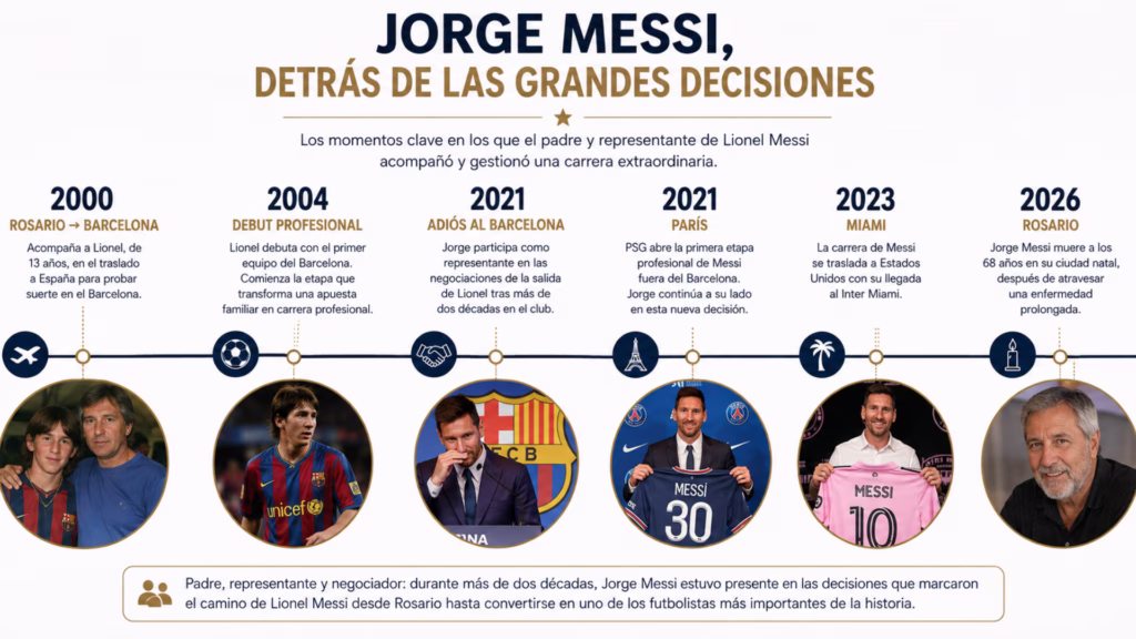 Línea del tiempo del papel de Jorge Messi en la carrera de Lionel Messi, desde el traslado a Barcelona en 2000 hasta las etapas en París y Miami