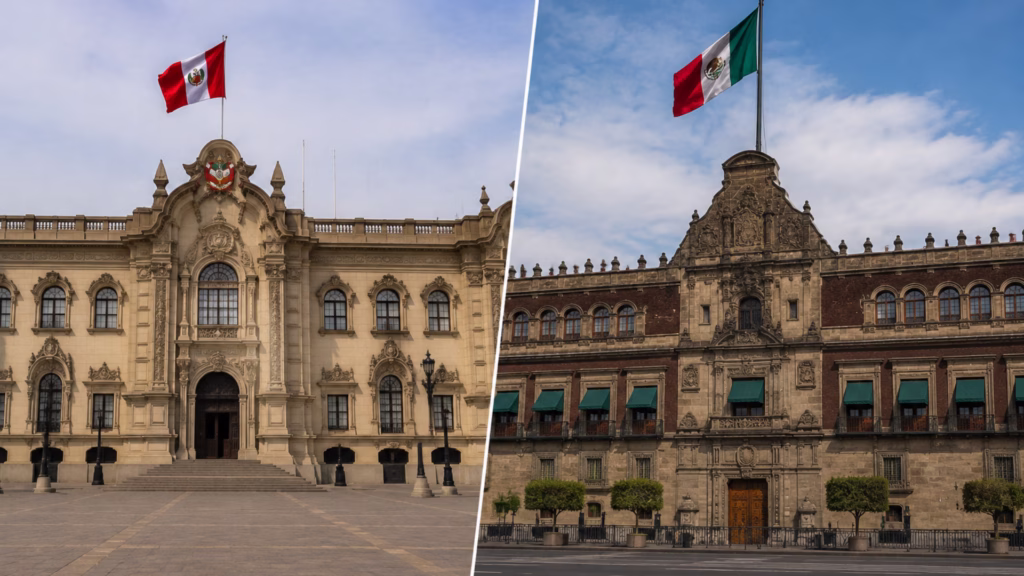 Composición del Palacio de Gobierno de Perú en Lima y el Palacio Nacional de México en Ciudad de México como símbolos de la relación bilateral.