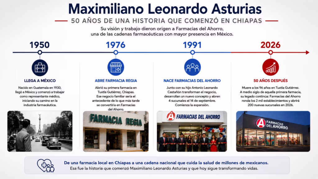 Línea del tiempo de Maximiliano Leonardo Asturias desde su llegada a México en 1950 hasta la expansión de Farmacias del Ahorro en 2026.
