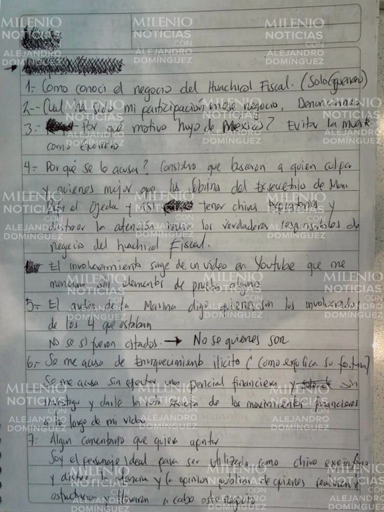 Hoja manuscrita atribuida a Fernando Farías Laguna con respuestas sobre su salida de México y el caso de huachicol fiscal.