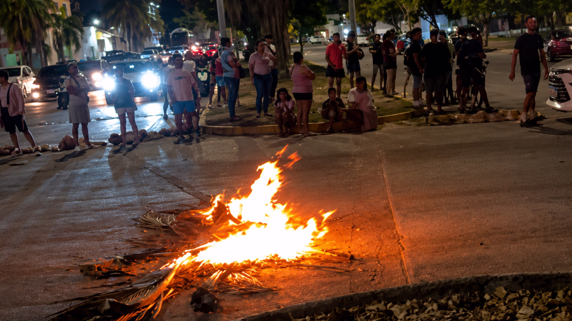 Vecinos mantienen un bloqueo nocturno y encienden una fogata durante una protesta por los apagones en Playa del Carmen.