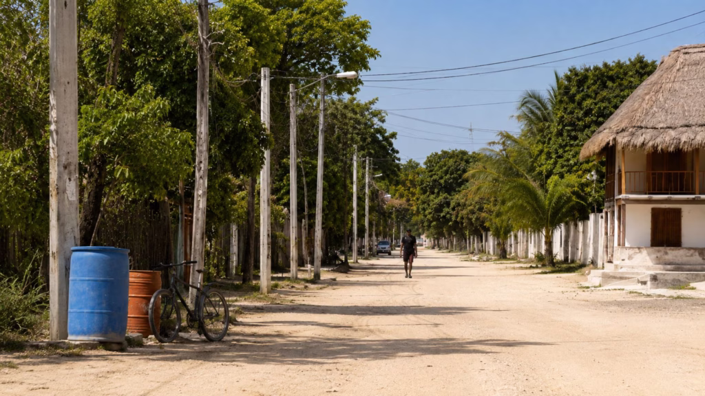 Calle de terracería con postes, cableado y viviendas en In House, asentamiento que enfrenta retos para incorporarse a la planeación urbana de Playa del Carmen.