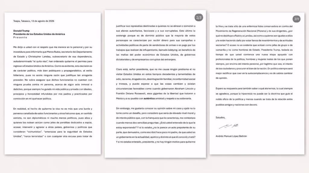 Collage con las tres páginas de la carta en la que Andy López Beltrán cuestiona el retiro de su visa y menciona a Christopher Landau y Marco Rubio.