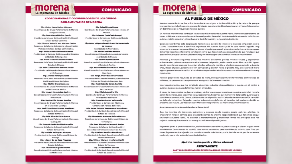 Coordinadores parlamentarios de Morena en los congresos locales suscribieron un comunicado dirigido al pueblo de México.
