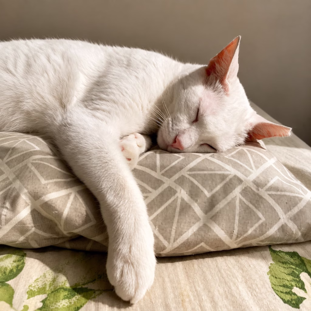 Monito duerme cómodamente en una almohada dentro de su hogar.