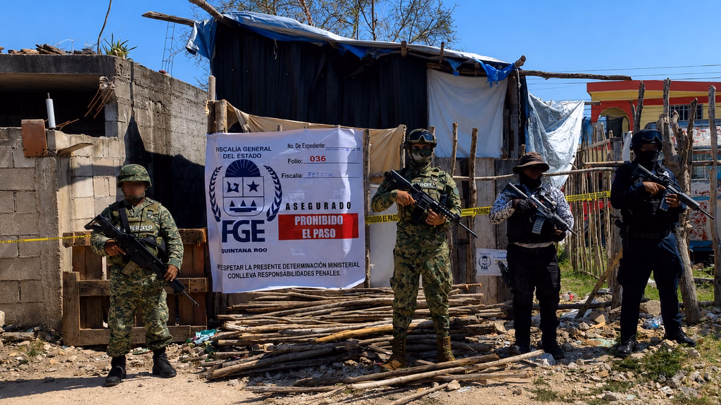 Elementos de seguridad resguardan un inmueble asegurado durante un operativo en Quintana Roo.