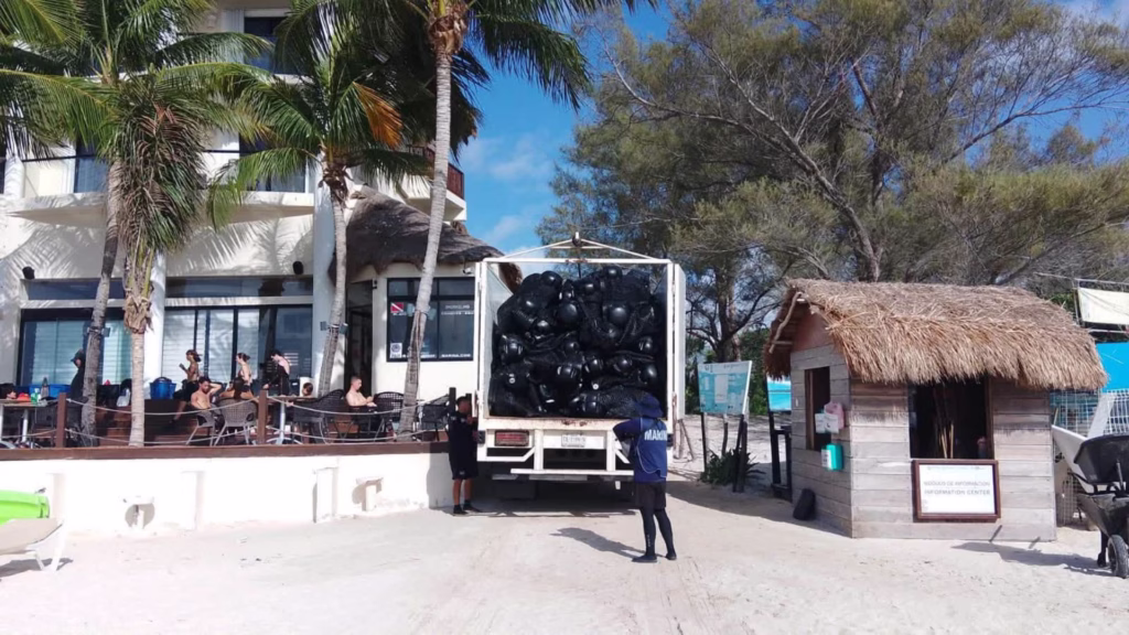 La Semar participa en el operativo para instalar barreras antisargazo en Playa del Carmen.