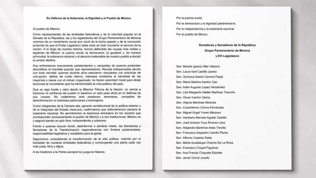 Senadoras y senadores del Grupo Parlamentario de Morena difundieron un pronunciamiento en defensa de la soberanía nacional.