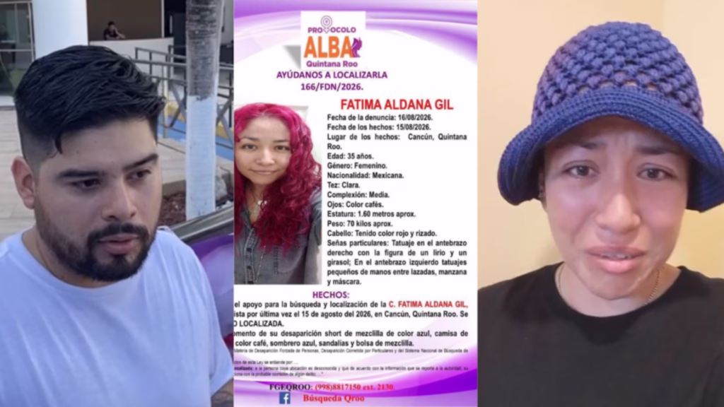 Familiares muestran las fichas de búsqueda de Fátima Aldana Gil y Emma Solís Aldana en Cancún.