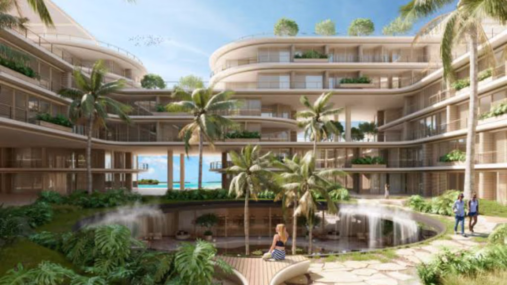 Render arquitectónico de edificios, jardines y áreas comunes del proyecto ZONNA