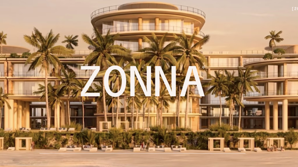 Render del proyecto inmobiliario ZONNA con edificios y palmeras frente al mar