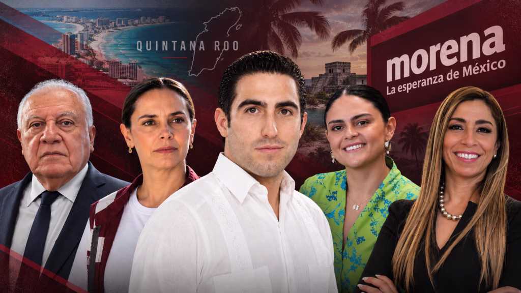 Cinco perfiles políticos de Quintana Roo aparecen en una composición sobre el proceso interno de Morena rumbo a 2027