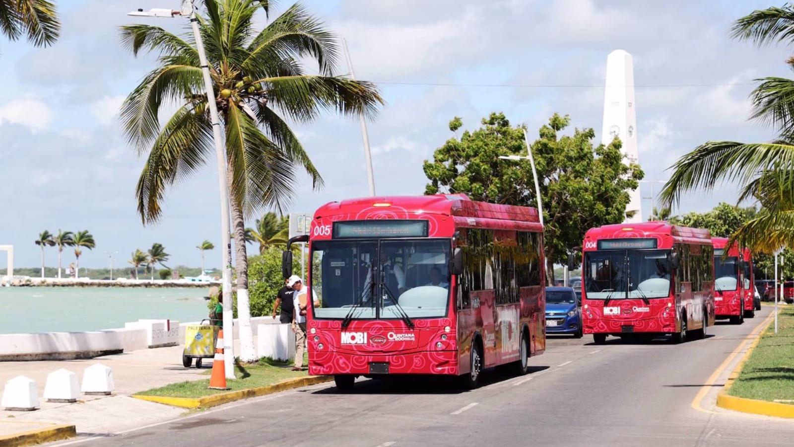 Autobuses eléctricos del sistema MOBI durante el despliegue del nuevo modelo de transporte público en la capital de Quintana Roo.