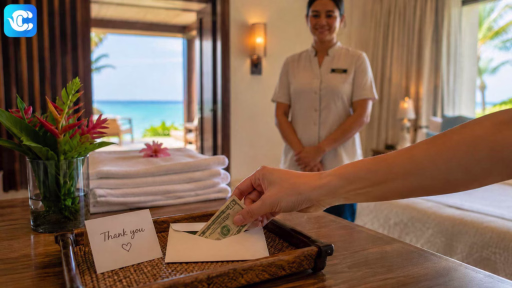 Un huésped deja una propina durante su estancia en un hotel de Mayakoba, uno de los destinos turísticos de Quintana Roo.