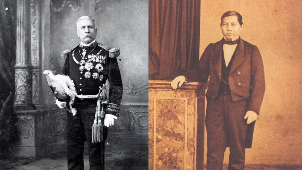 Retratos de Porfirio Díaz y Benito Juárez en una composición sobre la historia política de México